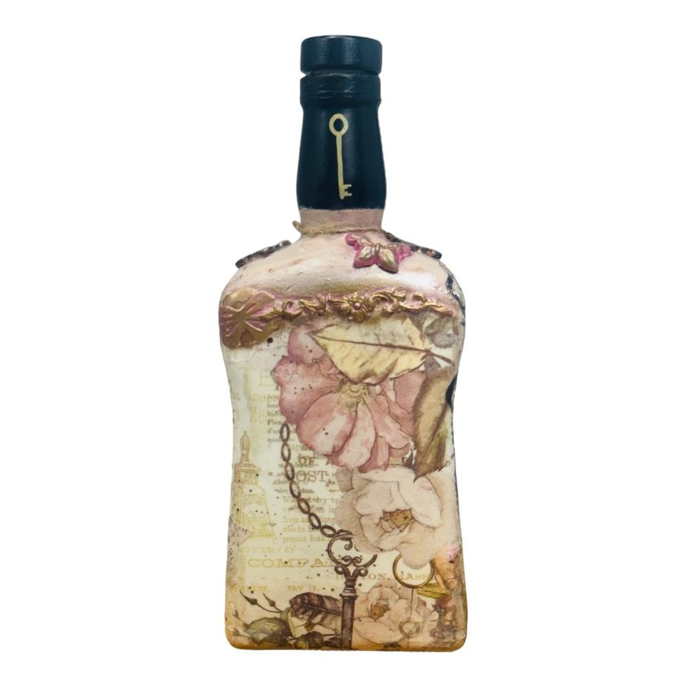 Up cycled Decanter Bottle Mixed Media Peep Keyhole Clay Hand Painted Butterfly - Picture 9 of 16